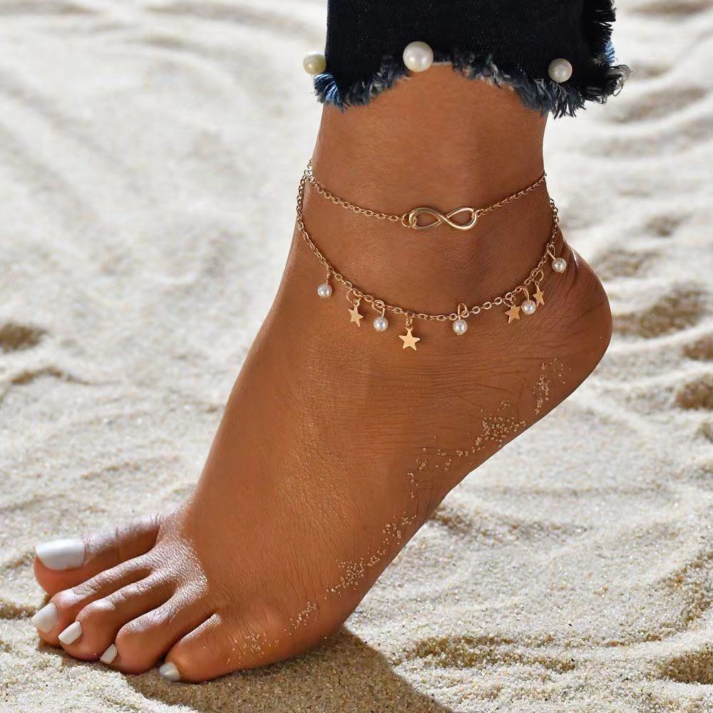 Women Multilayers Gold Plated Wholesale Charm Chain Star Pearl Pendant Anklets(图5)
