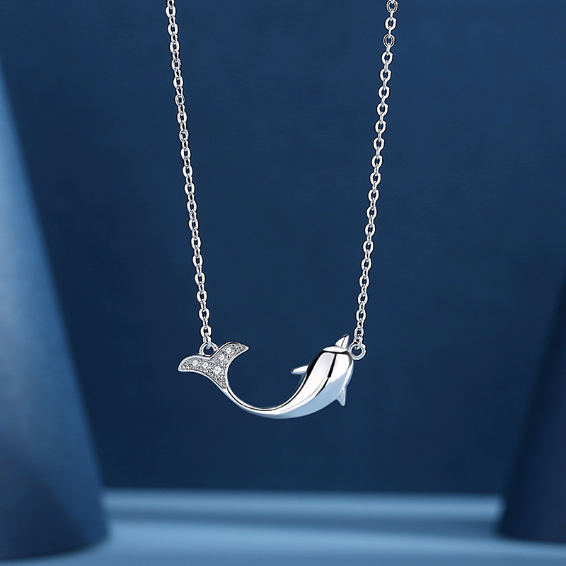Angel caller925 Sterling Silver Cubic Zirconia Rose Gold Plated Chain Cute Dolphin  Pendant Necklace(图4)