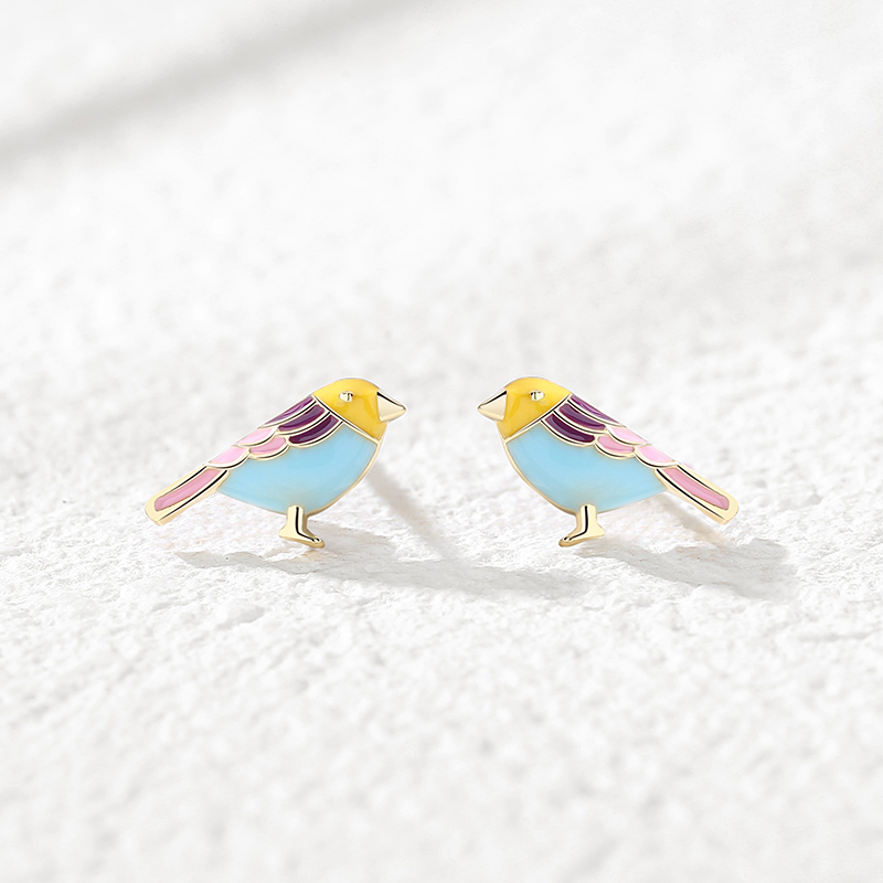 Wholesale Multicolored Birds Design 925 Sterling Silver Gold Plated Small Earrings Jewelry Women Fashion Cute Stud Earrings