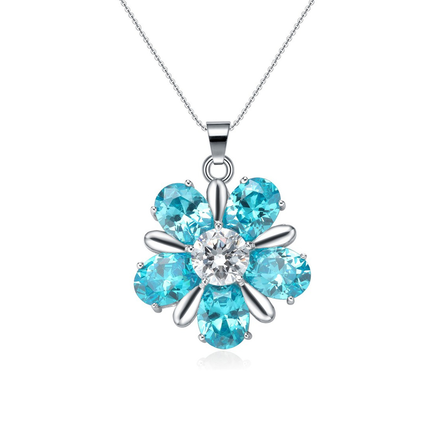  2021 New Fashion Rhodium Plated blue Cushion Silver Plated Flower Cz Pendant Necklace(图4)