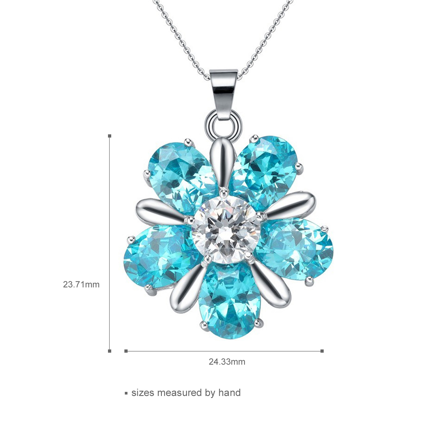  2021 New Fashion Rhodium Plated blue Cushion Silver Plated Flower Cz Pendant Necklace(图5)
