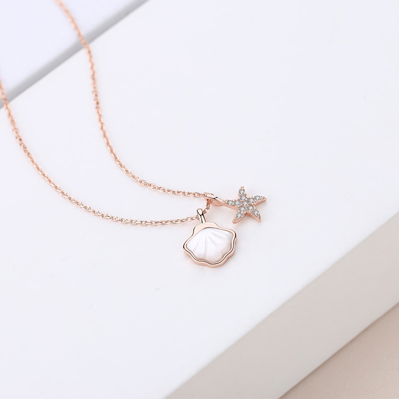 Designer Charm Chain Zircon Sterling Silver Rose Gold Plated Shell Starfish pendant Necklace(图4)