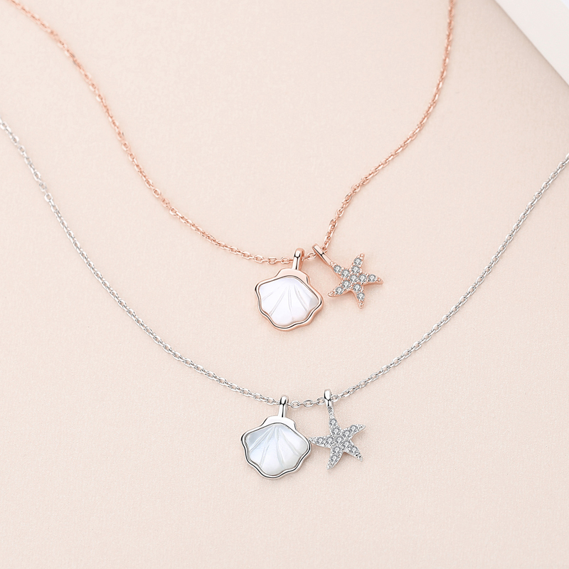Designer Charm Chain Zircon Sterling Silver Rose Gold Plated Shell Starfish pendant Necklace(图5)