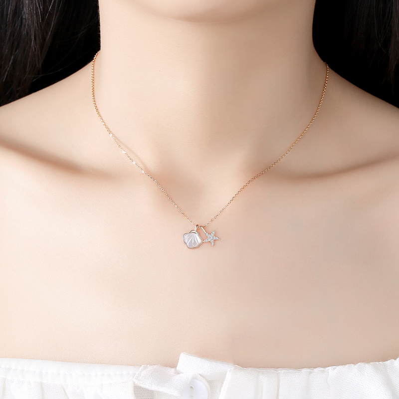 Designer Charm Chain Zircon Sterling Silver Rose Gold Plated Shell Starfish pendant Necklace(图8)