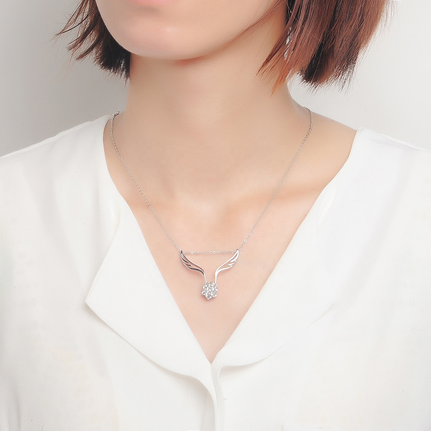  Nickel-Free Lead-Free jewelry 925 Sterling Silver cross chain Cubic Zirconia Wing Pendant Necklace(图5)