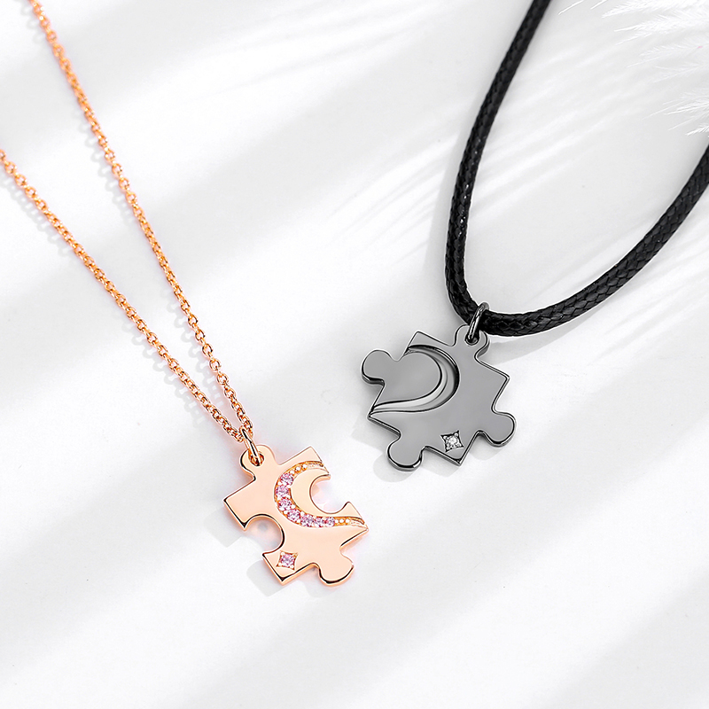 Personalized  S925 Rose Gold Plated Cubic Zirconia Link Chain Couple Puzzle Pendant Necklace(图4)