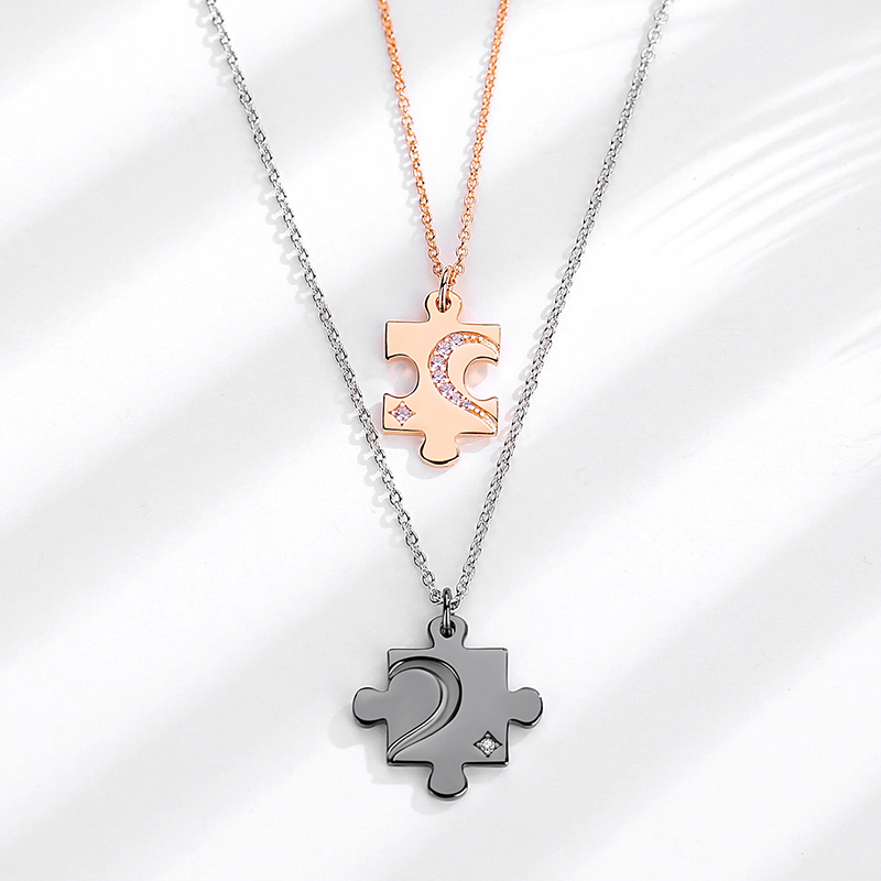 Personalized  S925 Rose Gold Plated Cubic Zirconia Link Chain Couple Puzzle Pendant Necklace(图5)