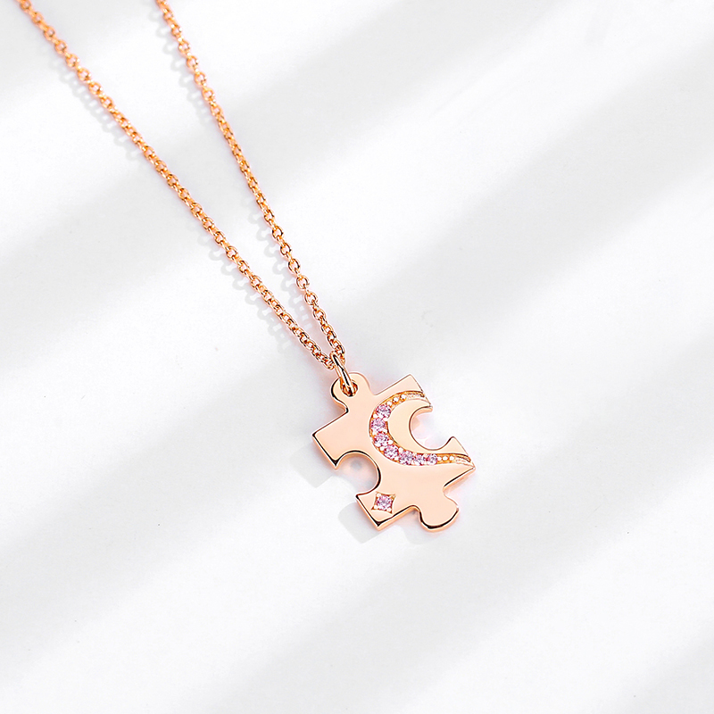Personalized  S925 Rose Gold Plated Cubic Zirconia Link Chain Couple Puzzle Pendant Necklace(图7)