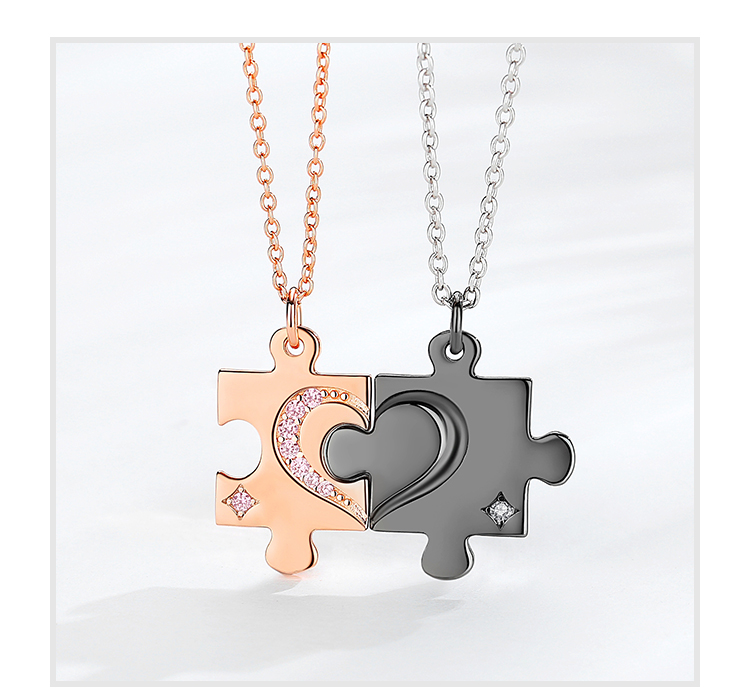 Personalized  S925 Rose Gold Plated Cubic Zirconia Link Chain Couple Puzzle Pendant Necklace(图9)