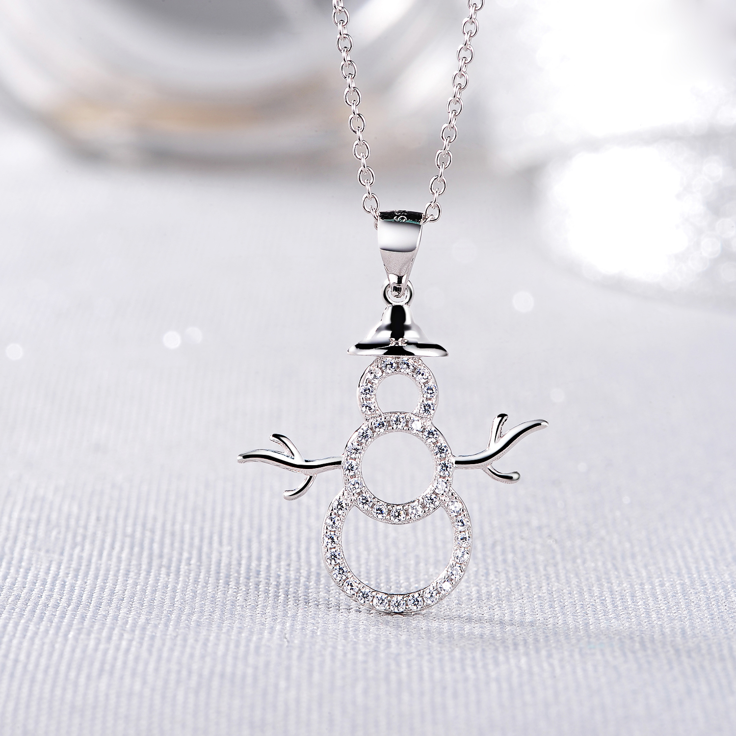 Wholesale women Jewelry 925 Sterling Silver Cubic Zirconia cute Snowman Christmas pendant Necklace(图4)