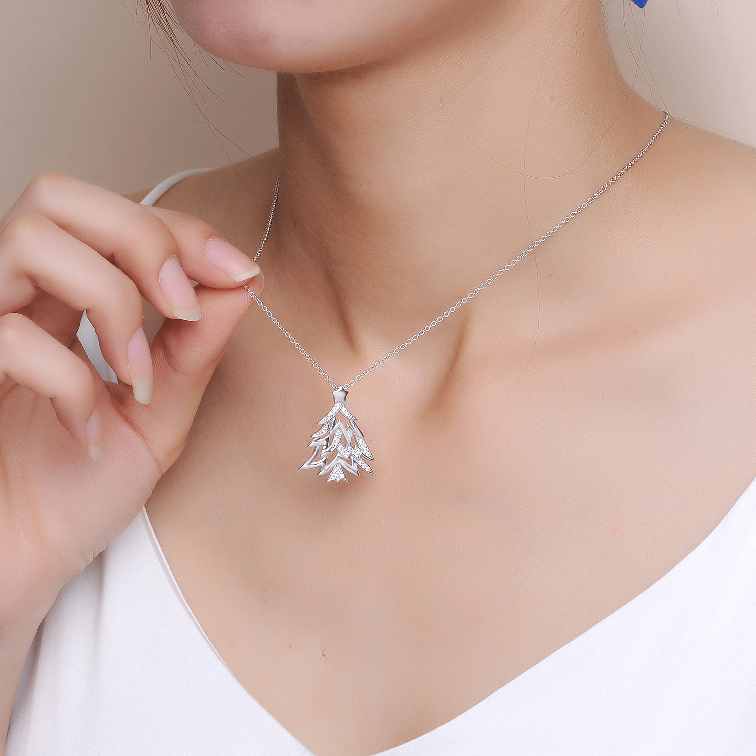 HIgh Quality Trendy Women Jewelry Cubic Zirconia 925 sterling silver necklaceChristmas Tree Necklace(图6)