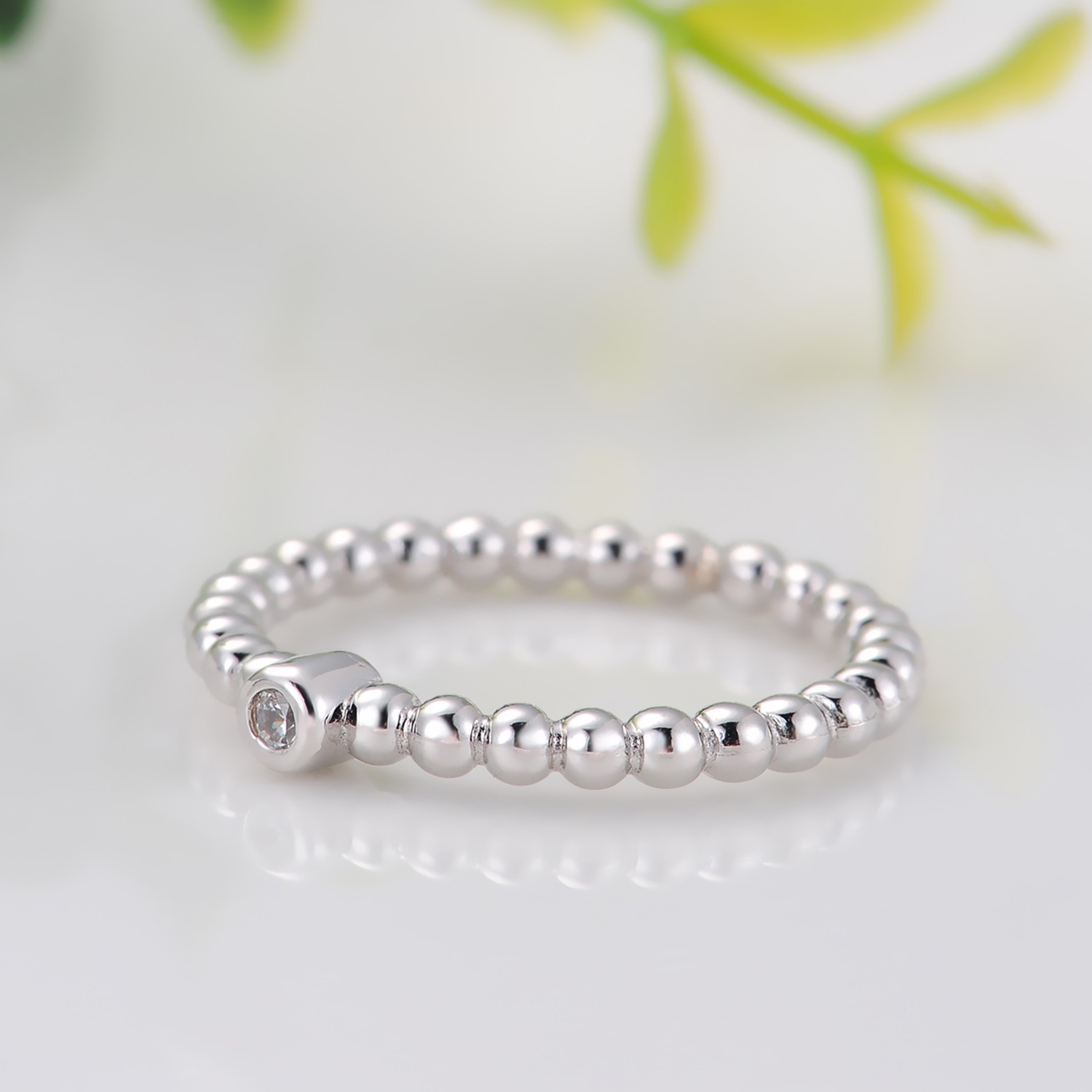 Silver Color Jewelry Fashion Ball Beads Rings Solitary Top White Cubic Zircon CZ Women Wedding ring(图2)