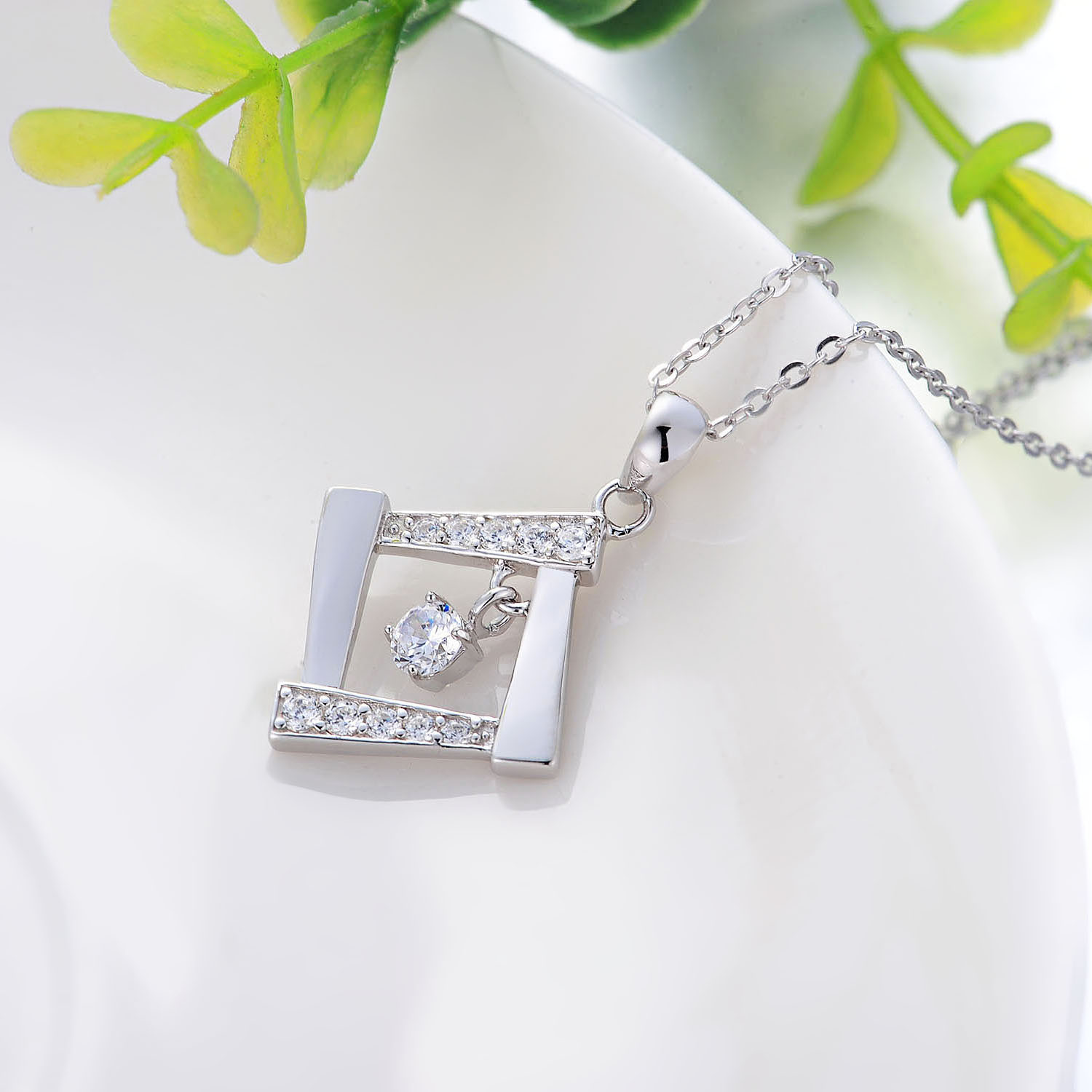 Classic Jewelry Cubic Zirconia Wedding 925 Sterling Silver Rhodium Plated Square Pendant Necklace(图6)