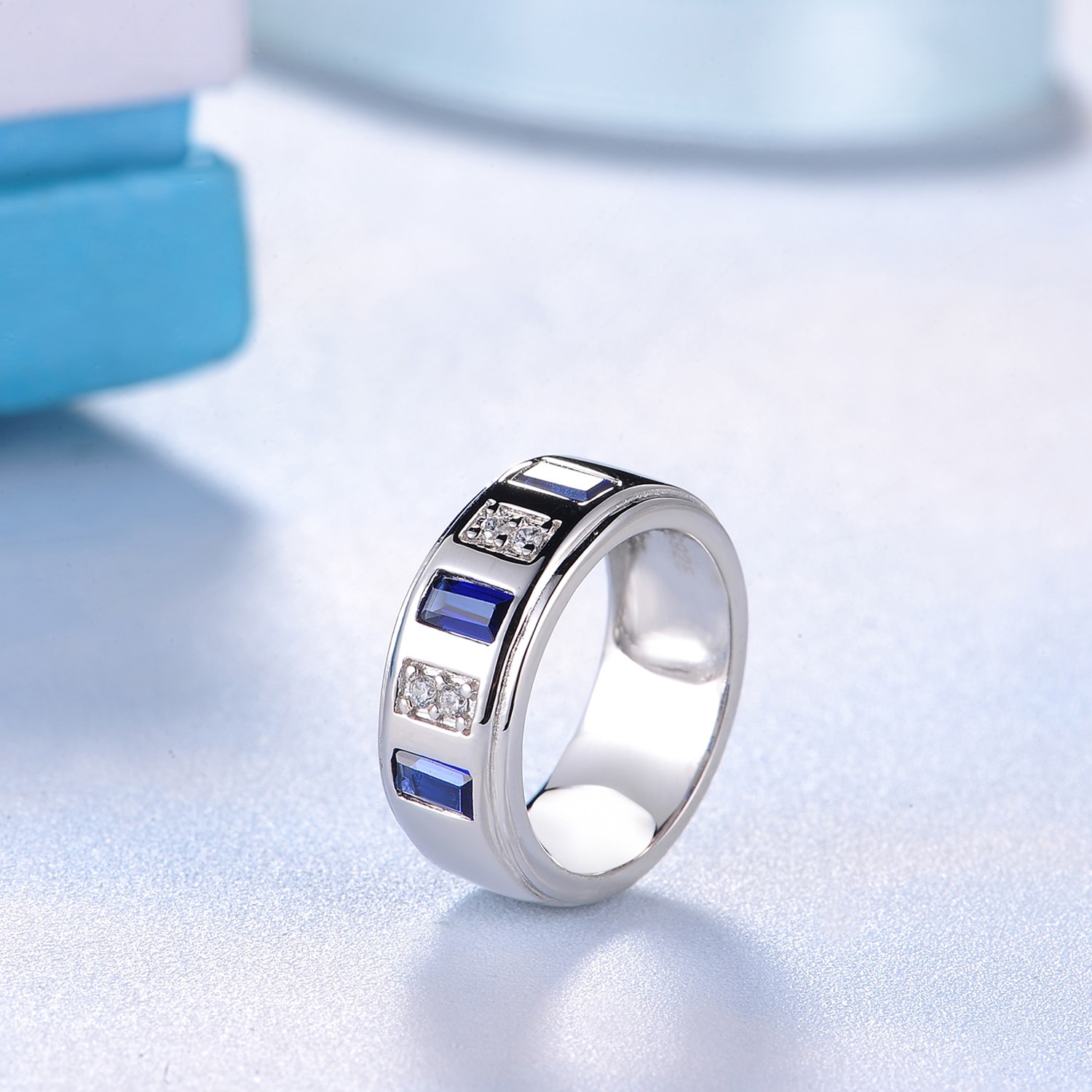 Square Synthetic Blue Sapphire Zircon Jewelry 925 Sterling Silver Ring Men Women Wedding ring(图2)