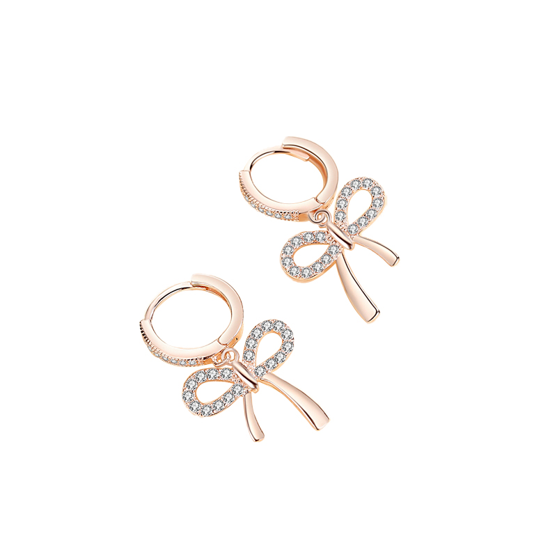 Luxury 925 Sterling Silver Rose Gold Plated Fashion Korean Women Gift Cubic Zirconia Bow Hoop Earrin(图2)