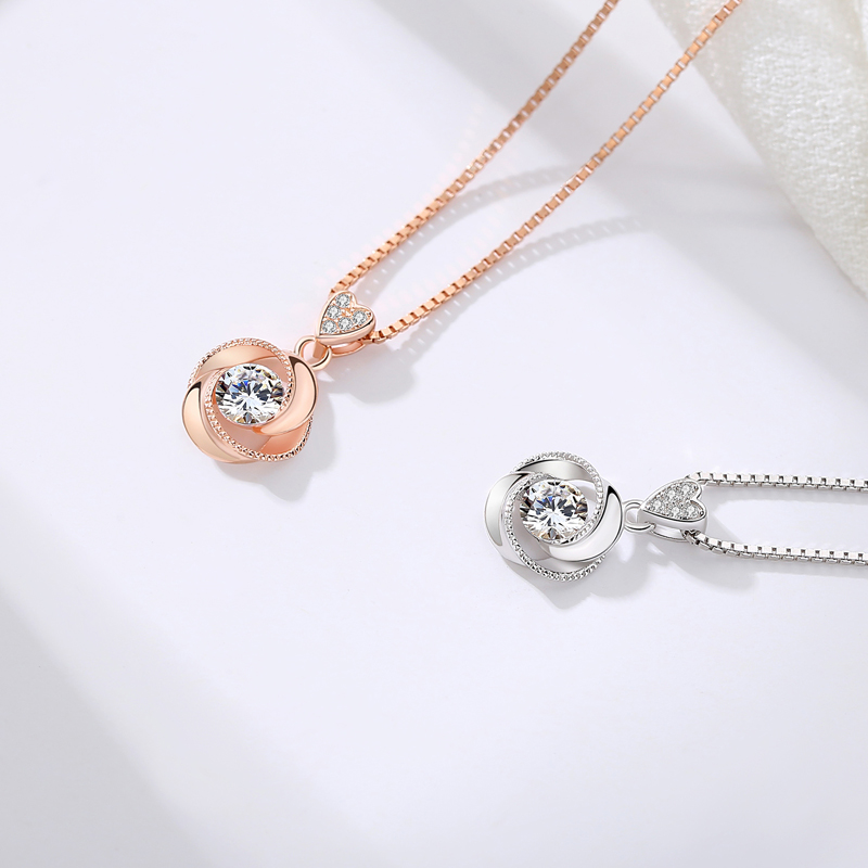 Wholesale 925 Sterling Silver Rose Gold Plated Elegant Cubic Zirconia Rose Flower Pendant Necklace (图6)