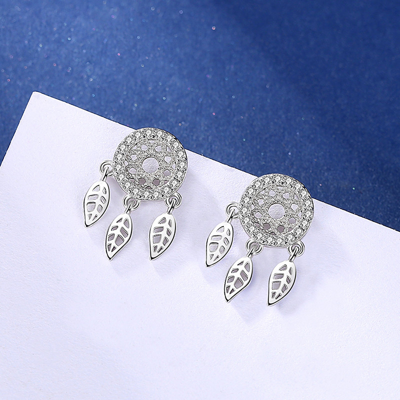 Jewelry Accessories Rhodium Plated 925 Sterling Silver Feather Tassel Cubic Zirconia Women Stud Earr(图1)
