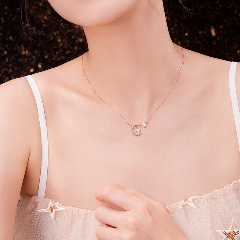 Custom Trendy Rose Gold Plated CZ 925 Sterling Silver Women Light Star Moon chain Pendant Necklace(图7)