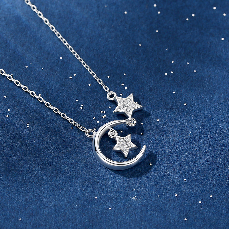 Custom Trendy Rose Gold Plated CZ 925 Sterling Silver Women Light Star Moon chain Pendant Necklace(图6)