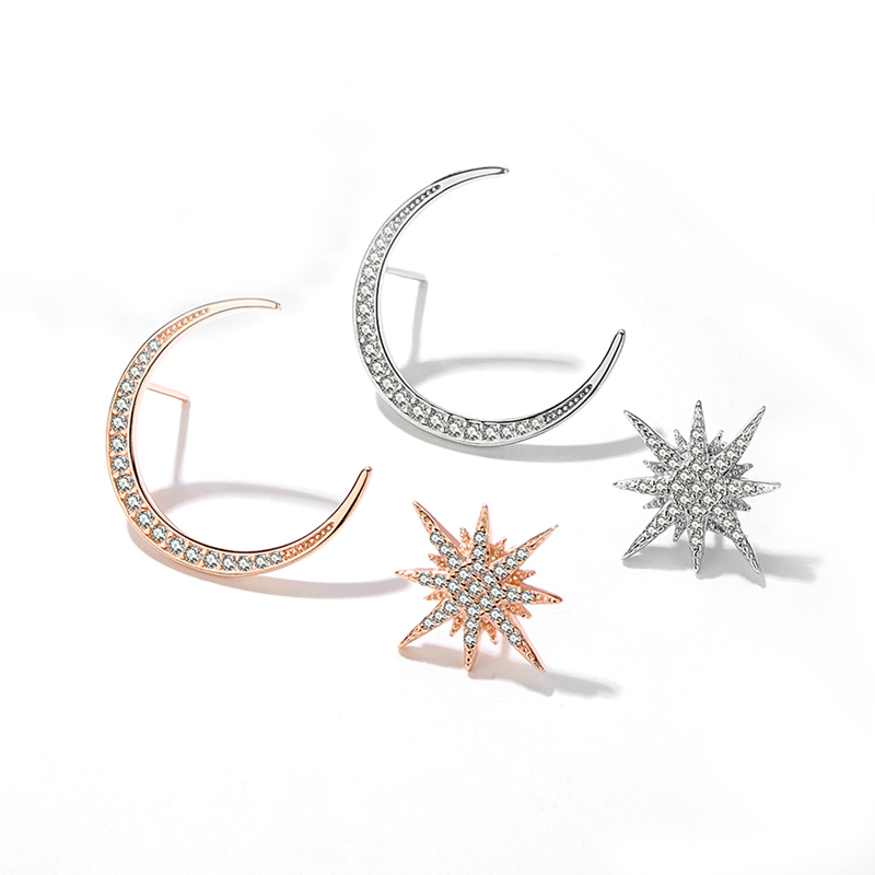 Trendy Rose Gold Plated J 925 Sterling Silver ewelry Women Full Cubic Zirconia Star Moon Stud Earrin(图4)