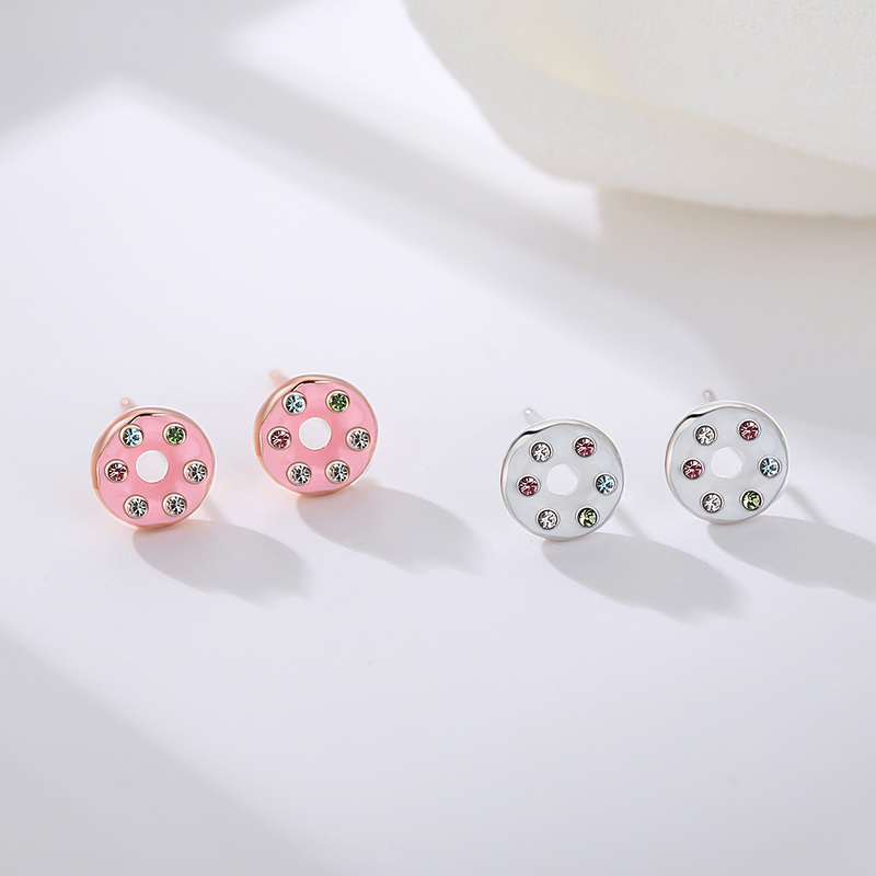 Fashion 925 Sterling Silver Rose Gold Plated Women Jewelry Gift Colorful Zircon Cute Donut Stud Earr(图2)