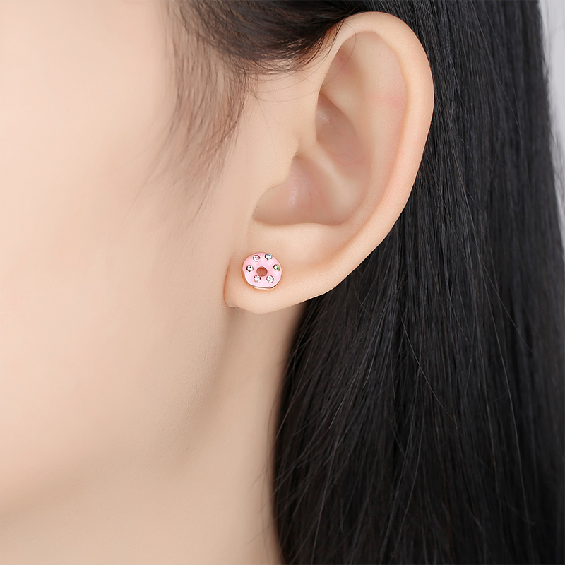 Fashion 925 Sterling Silver Rose Gold Plated Women Jewelry Gift Colorful Zircon Cute Donut Stud Earr(图5)