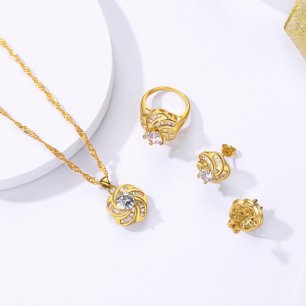 Trendy Wholesale Jewelry Woman Flower Zirconia Dainty Luxury 14k 18k Gold Plated Jewelry Set(图11)