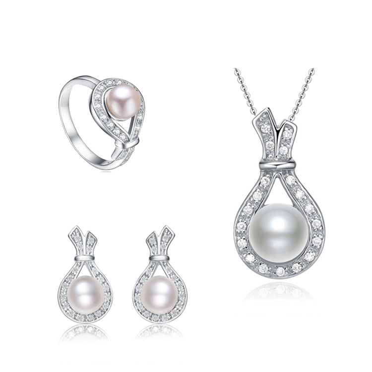China Factory Women Fashion Wedding Silver Ring Pearl Jewelry Set For Party(图5)