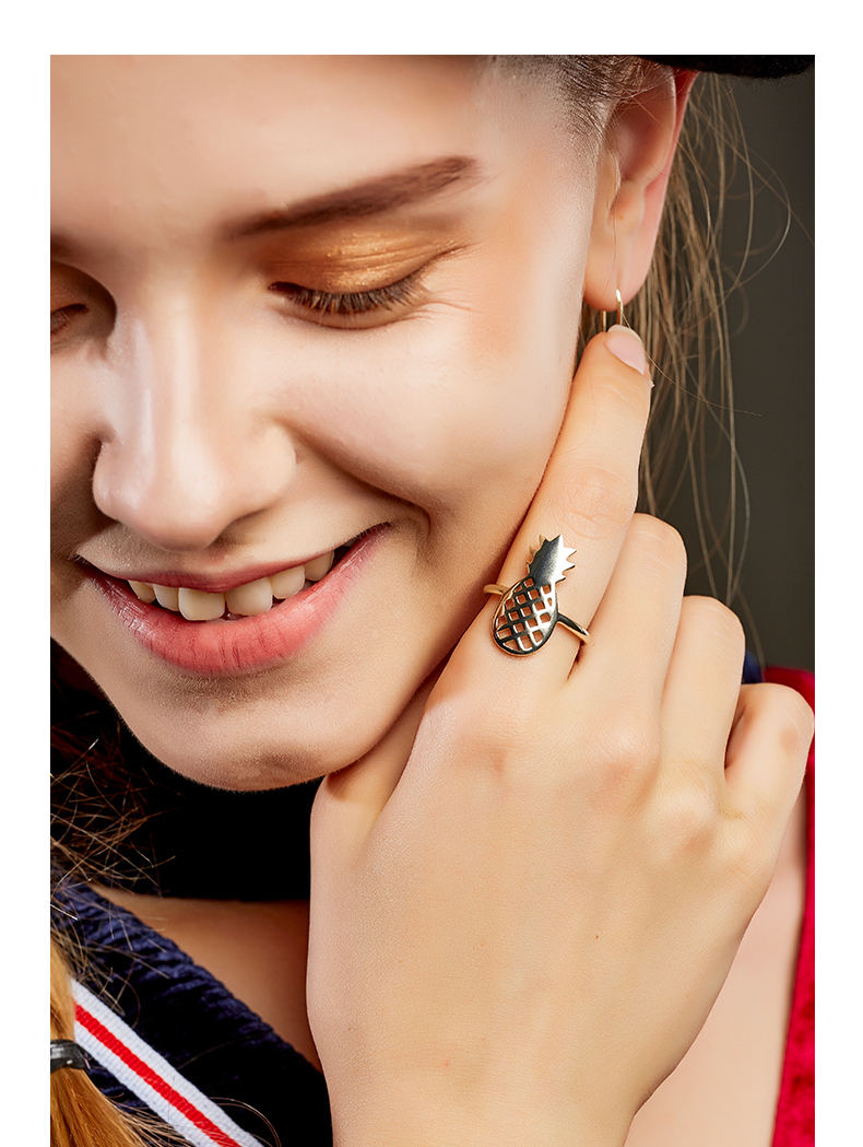 Fashion Designer 14K Gold Plated Brass Women Fine Jewelry Cute Pineapple Open Ring(图10)