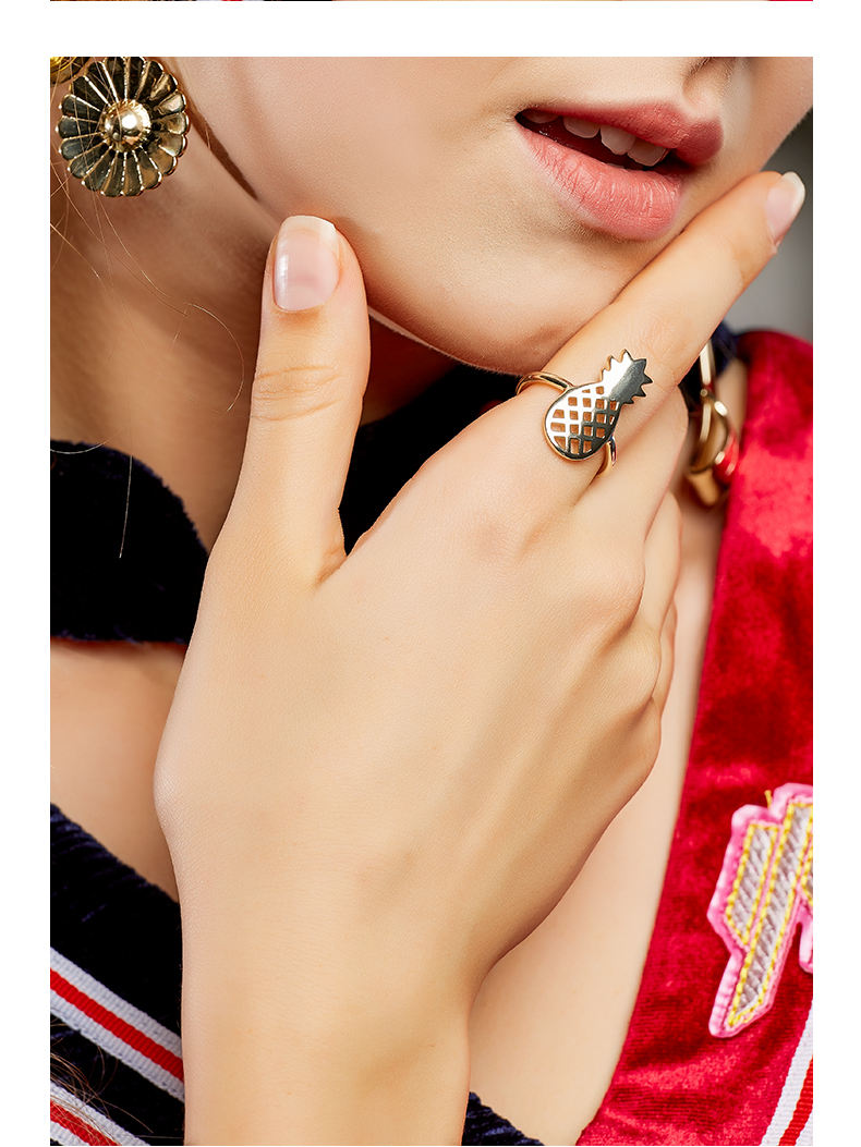 Fashion Designer 14K Gold Plated Brass Women Fine Jewelry Cute Pineapple Open Ring(图11)