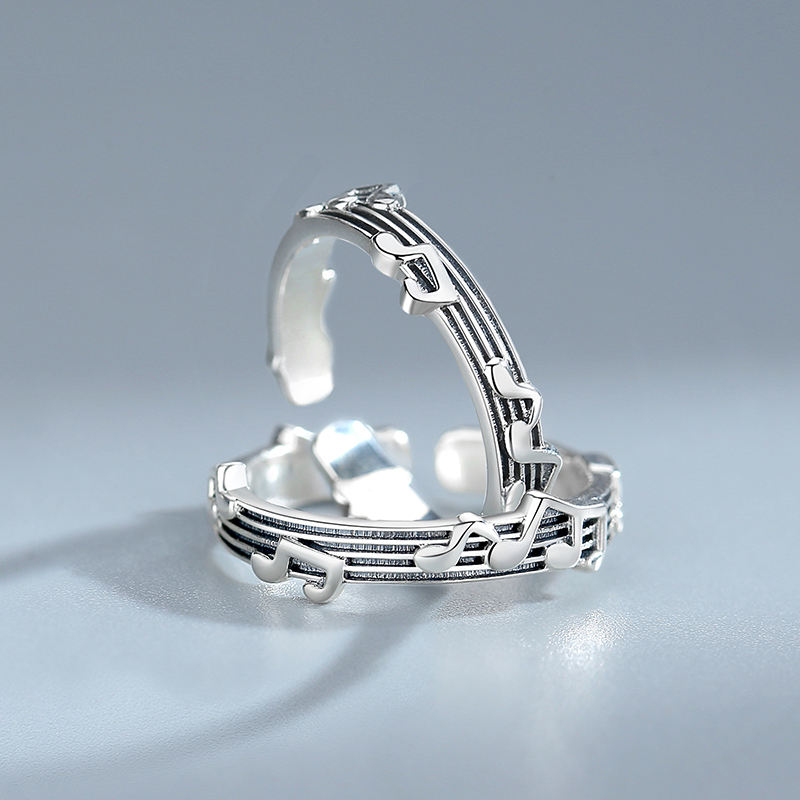 Custom Rhodium Plated 925 Sterling Silver Jewelry Finger Musical Note Women Adjustable Open Rings(图6)